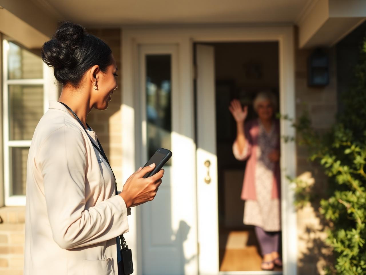 Caregiver arriving at a senior client's front door, clocking in on her phone