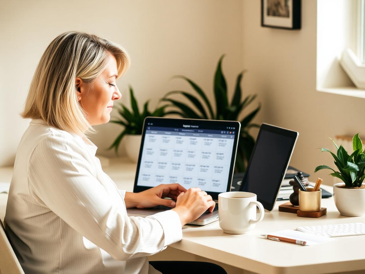 Home care agency coordinator reviewing the weekly schedule on a laptop
