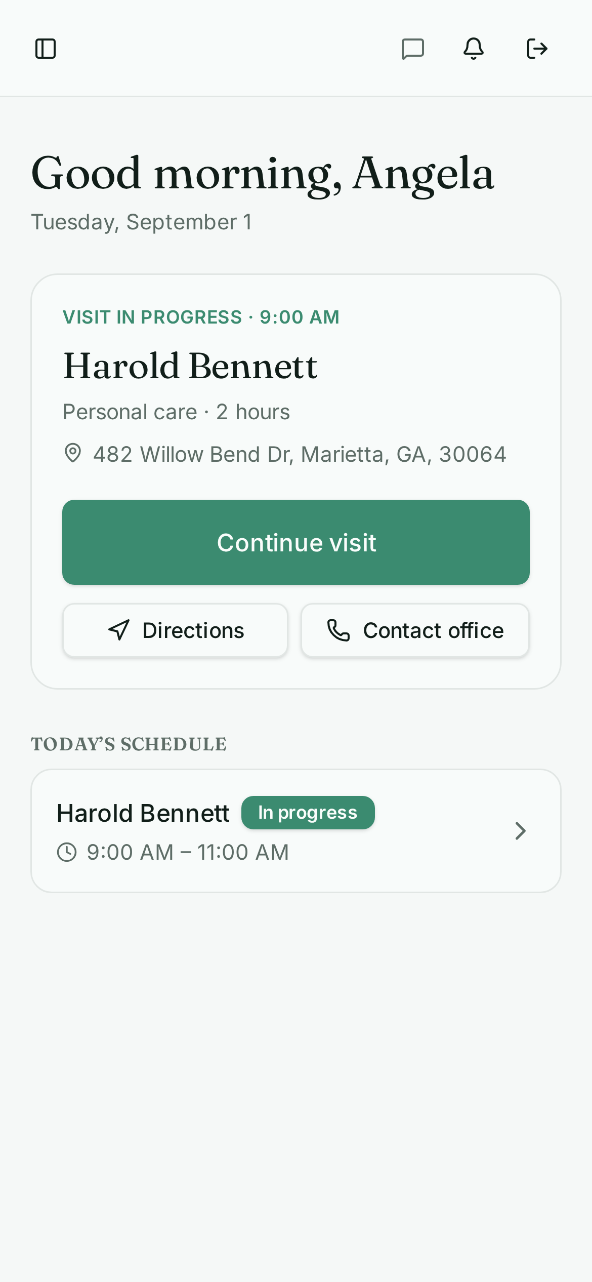 Clovina Health caregiver mobile app showing the next visit and clock-in